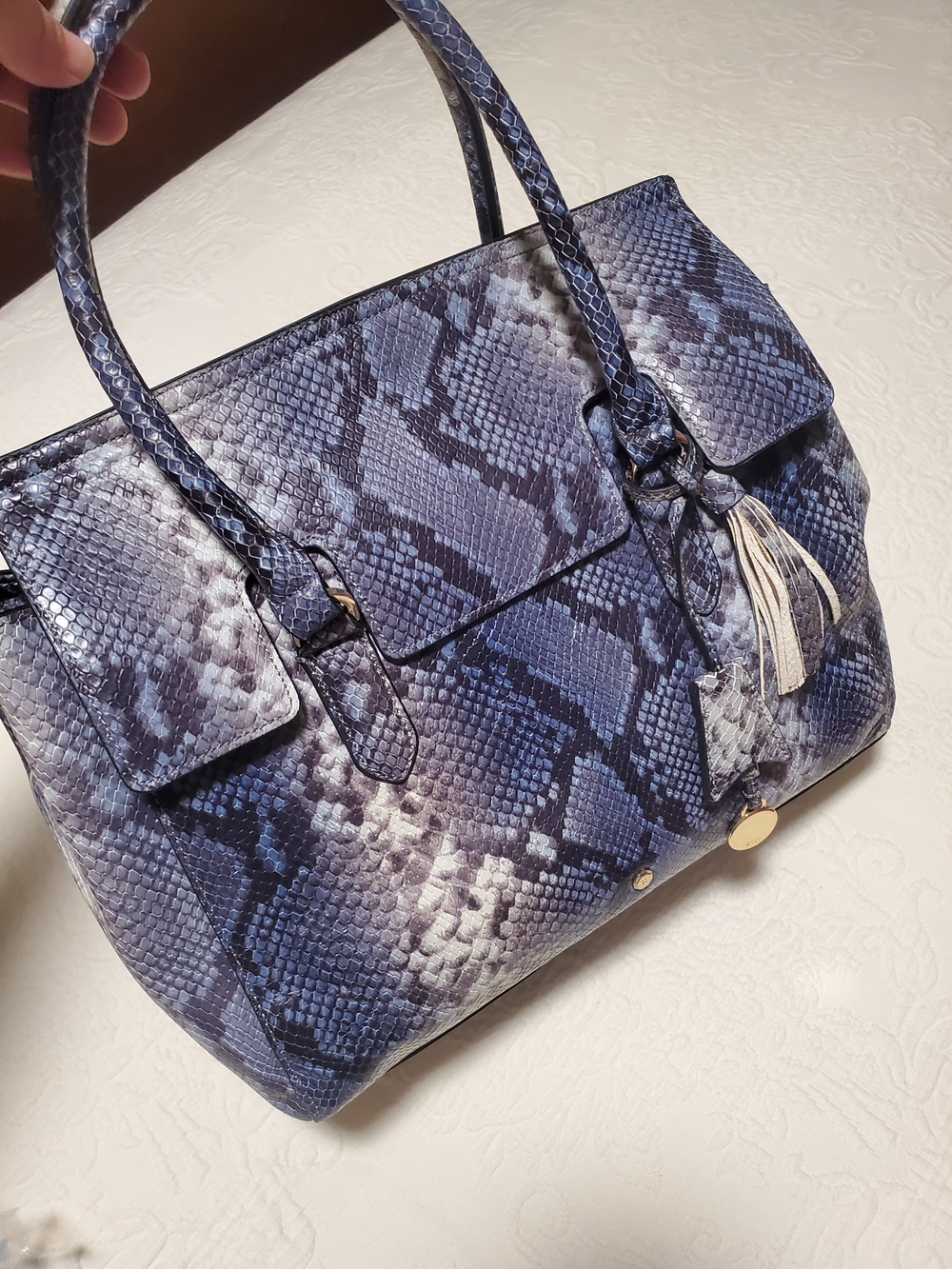 G.I.L.I. Genuine Leather Navy Snake-Print Tote, Crossbody,handle Bag Womens